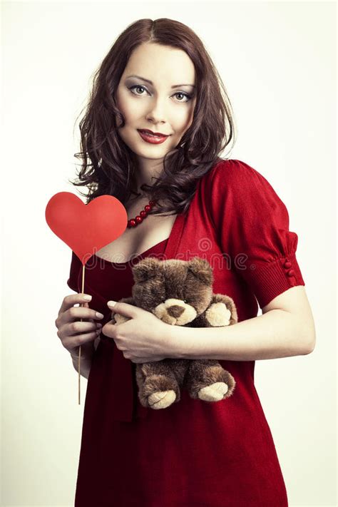 Valentines Day Woman Holding Heart Soft Toy Her Hands Stock Photos