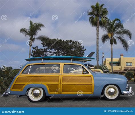 Classic Surfer Woody Car With Surfboard Near Encinitas Ca Stock Image
