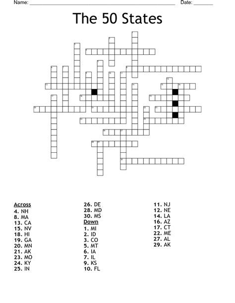 Us States Crossword Puzzle