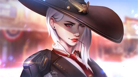 Wallpaper Ashe Overwatch Red Eyes Blonde Cowboys