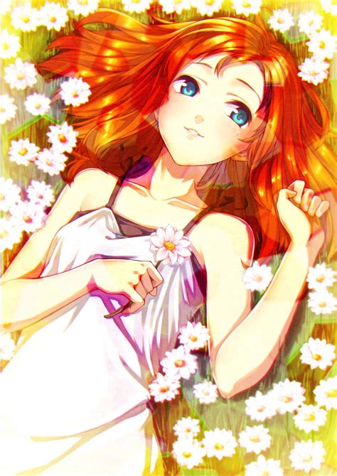 Anime Art Summer Time Long Hair Laying Down Field Of Flowers