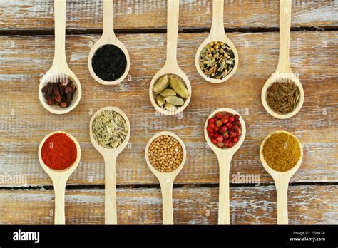 Selection Of Indian Spices On Wooden Spoons Stock Photo Alamy