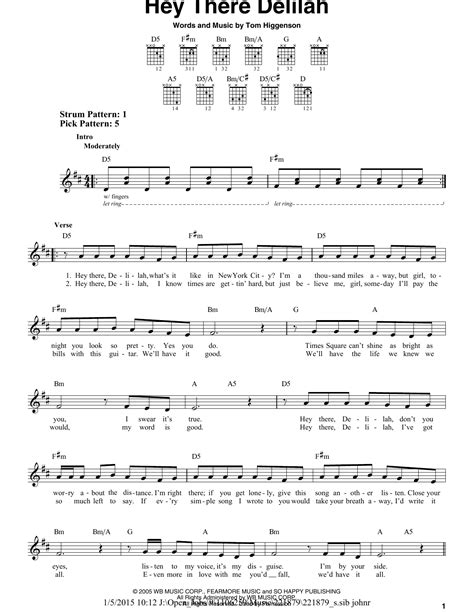 Hey There Delilah Sheet Music By Plain White Ts Easy Guitar 157909
