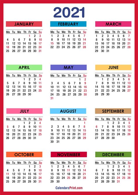 2021 Calendar With Holidays Printable Free Colorful Red Orange Images