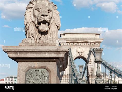 Budapest Hungary Sculpture Of A Lion At The Entrance To The Famous