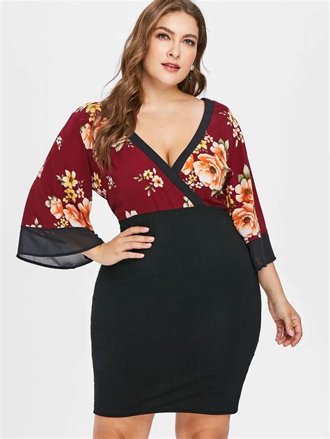 Wipalo Plus Size Women 3 4 Bell Sleeve Dress Fall Plunging Neck Low Cut Floral Bodycon Dresses