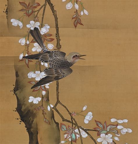 19th Century Japanese Silk Painting By Kano Chikanobu Cherry Blossoms