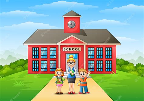 Premium Vector Students And Teacher In Front Of School Building