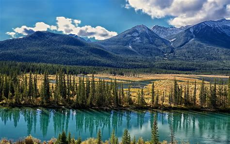 Hd Wallpaper Bow River Alberta Canada Trees Mountains Clouds