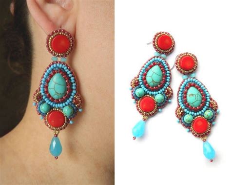 Coral And Blue Chandelier Earrings With Gold Metal