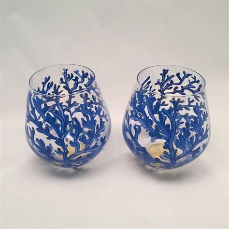 Nautical Coral Glasses Set Of 2 Hand Painted Stemless Wine Etsy
