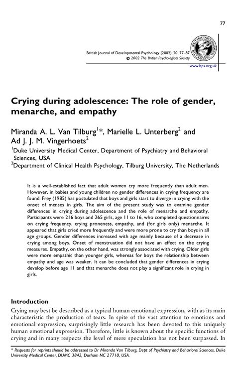 Pdf Crying During Adolescence The Role Of Gender Menarche And Empathy