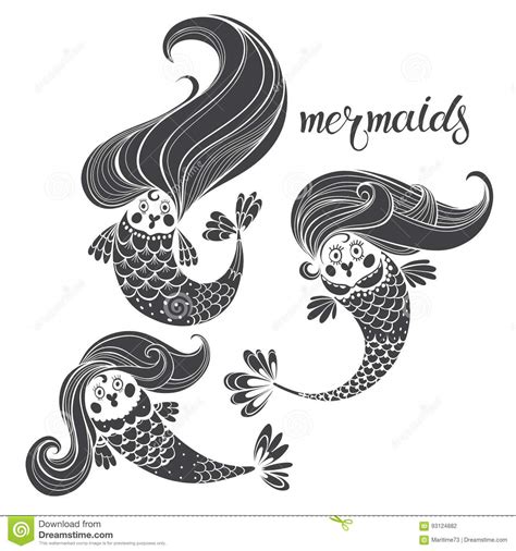 Three Mermaids Fairytale Cartoon Characters Vector Illustrati Stock