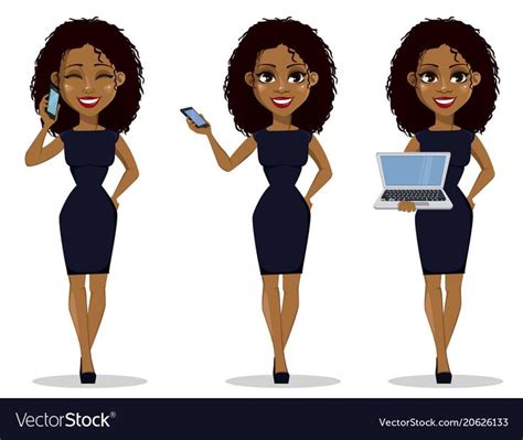 African American Business Woman Cartoon Character Set Young Beautiful