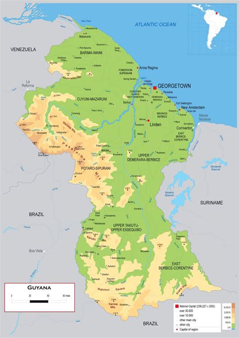 Large detailed physical map of Guyana with roads, cities ...