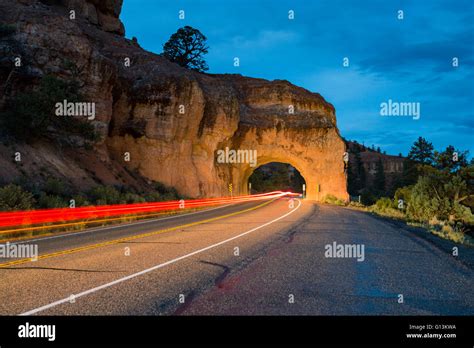 Lights Of Cars Passing Through Red Canyon Tunnel On Scenic Byway 12