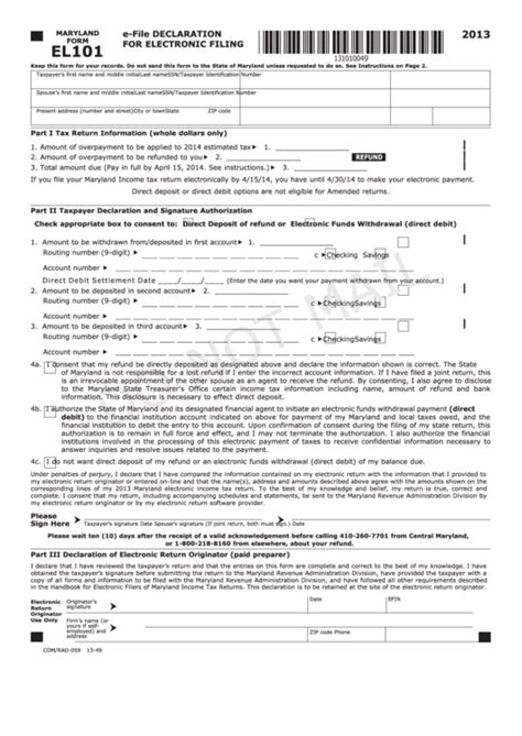 Fillable Maryland Form El101 E File Declaration For Electronic Filing