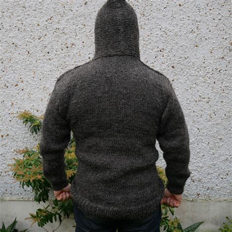 Authentic Irish Fisherman Sweater Hooded Ribbed Pattern Gray 100 Raw