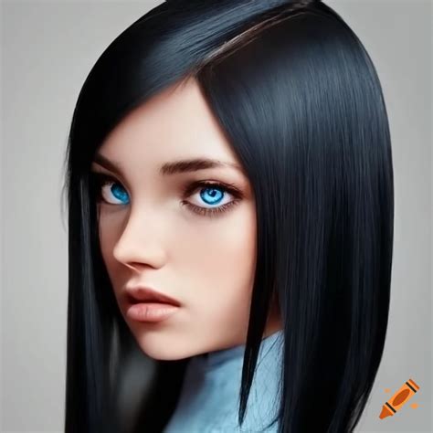 Portrait Of A Young Woman With Black Hair And Blue Eyes