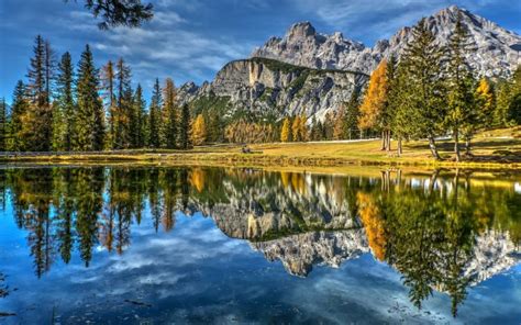 Wallpaper Lake Trees Reflection Italy Dolomites