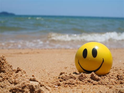 Hd Wallpaper Yellow Emoji Ball Sand Sea Wave Beach Summer The