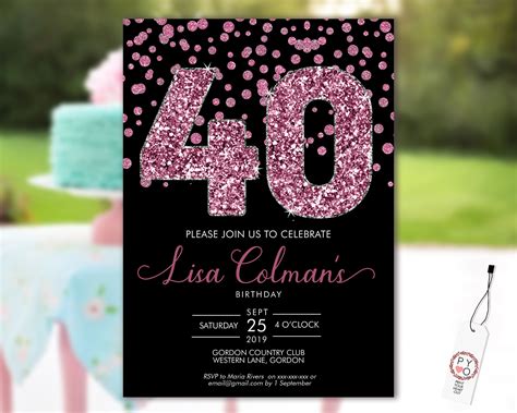 Diy 40th Birthday Confetti Invitation Printable Template Black Pink