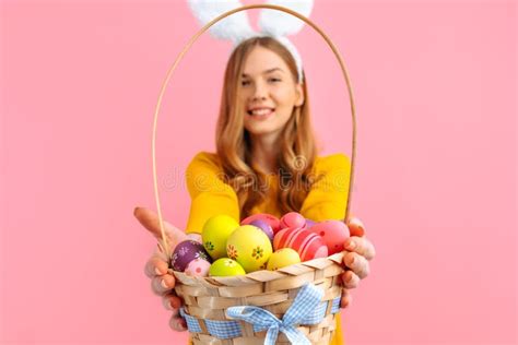 Happy Easter Happy Young Woman Wears Rabbit Ears On Easter Day And