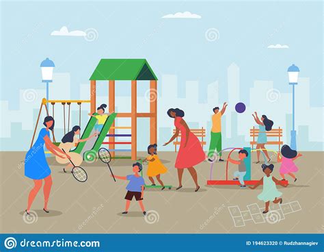 Diverse Mothers With Children At A Playground Stock Vector