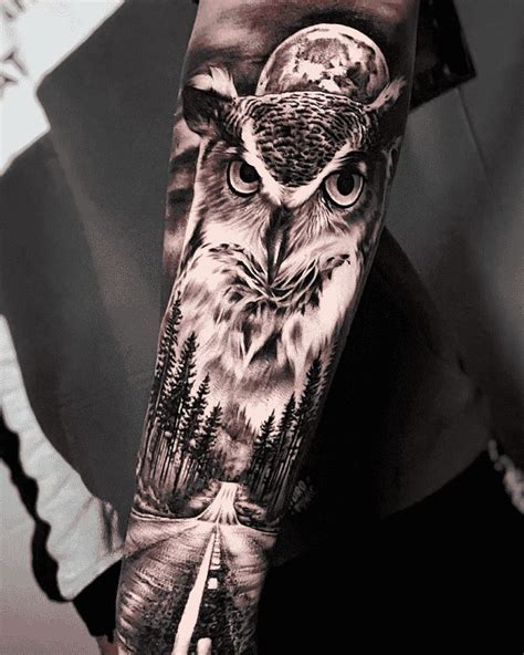 An Owl Tattoo On The Arm With Trees