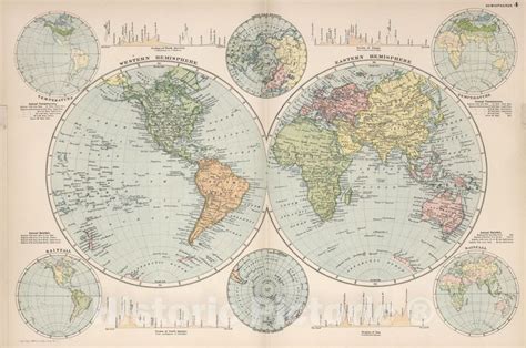 Historic Map World Atlas Map Hemispheres 4 1892 Vintage Wall Art