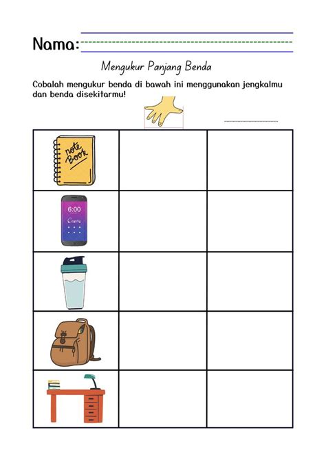 Mengukur Panjang Benda Math Worksheet Pendidikan Belajar Lembar Kerja