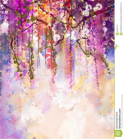 Watercolor Painting Spring Purple Flowers Wisteria Stock Illustration