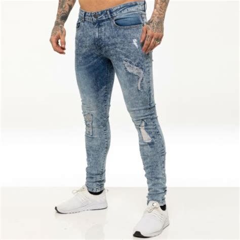 Enzo Mens Skinny Jeans Super Stretch Flex Denim Slim Fit Ripped