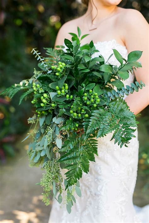 Gorgeous All Green Cascading Wedding Bouquet Showcasing Leather Leaf