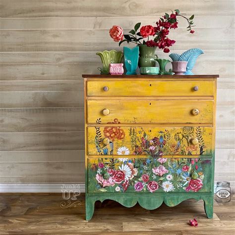 Yellow Vintage Wood Dresser 4 Drawers Painted With