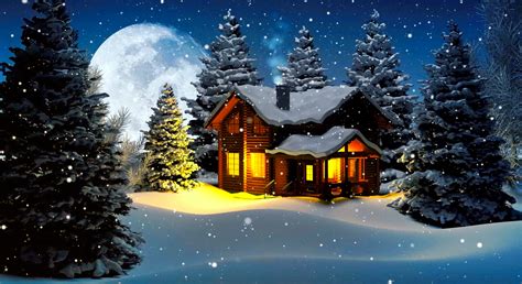 Download Night Moon Snowfall Tree Snow Winter Cottage Artistic House