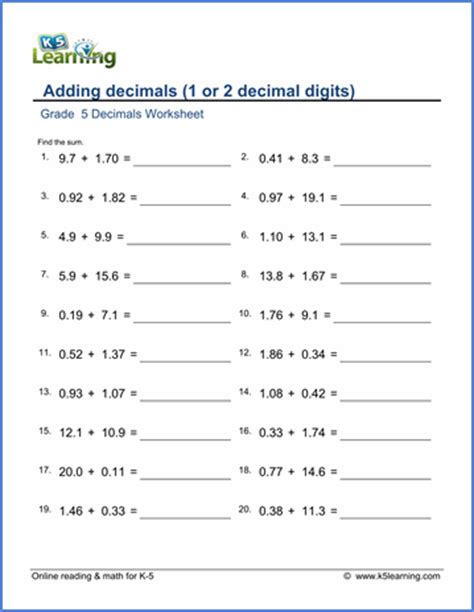 Missing factor questions are also included. Grade 5 Decimals Worksheets: Adding decimals (2 digits) | K5 Learning