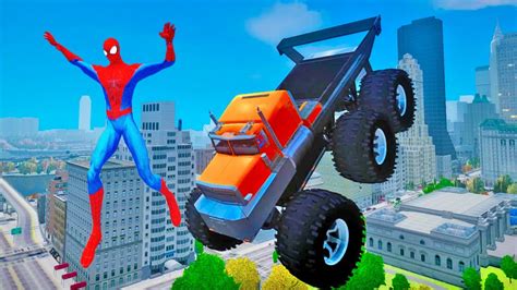 Construction trucks make a monster truck ramp. Monster trucks fun cars party for kids with Spiderman, The ...
