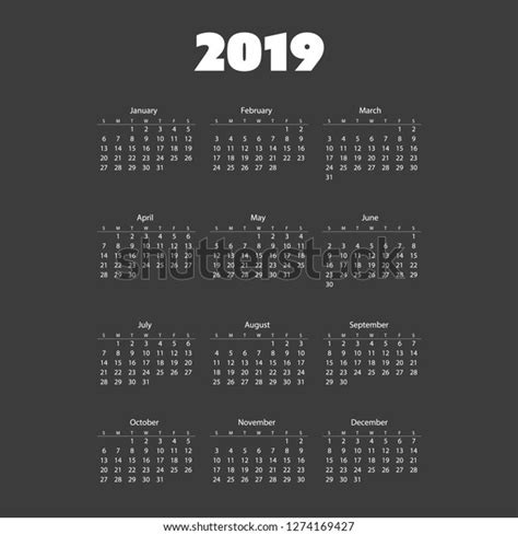 Simple 2019 Calendar Vector Print Template Stock Vector Royalty Free
