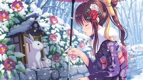 Wallpaper Anime Girl Beauty Winter Rabbits Snow 4k