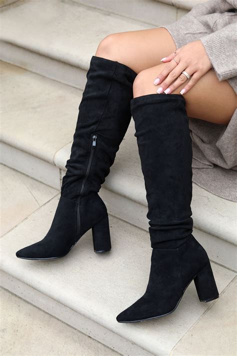 buy linzi black bonnie faux suede block heel knee high ruched boot with pointed toe from the