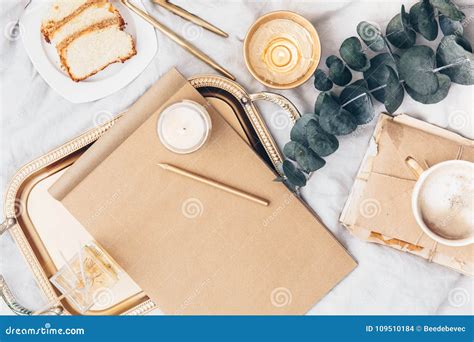 Flat Lay Composition With Craft Notepad With Copy Space Stock Photo