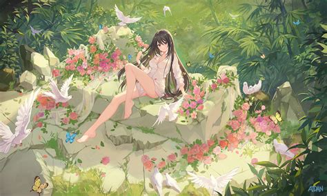Wallpaper Artwork Digital Art Anime Girls White Shirt Barefoot Legs Black Hair Long