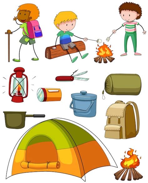 Camping Con Campistas Y Carpa Vector Premium