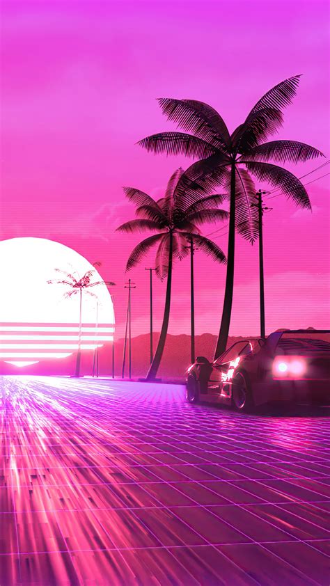 retrowave synthwave vaporwave car night scenery palm trees digital art 4k hd wallpaper