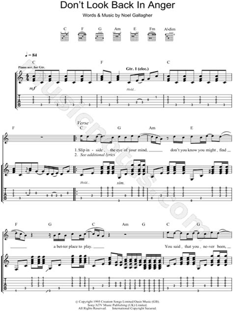 Oasis Dont Look Back In Anger Guitar Tab In C Major Download