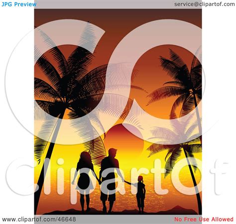 Royalty-Free (RF) Clipart Illustration of a Silhouetted Family Of Three Watching A Tropical ...