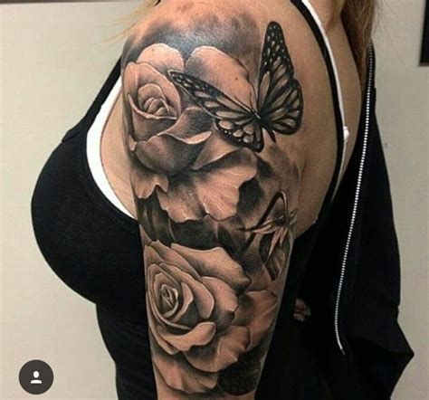 Large Petal Roses With A Butterfly Tattoo Tattoos Half