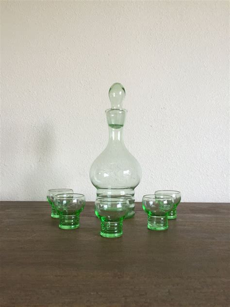 green glass decanter set vintage barware mid century