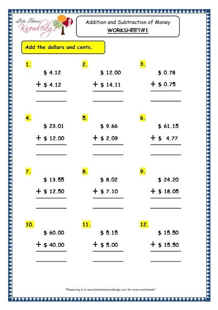 Grade 3 Maths Worksheets 102 Addition And Subtraction Of Money